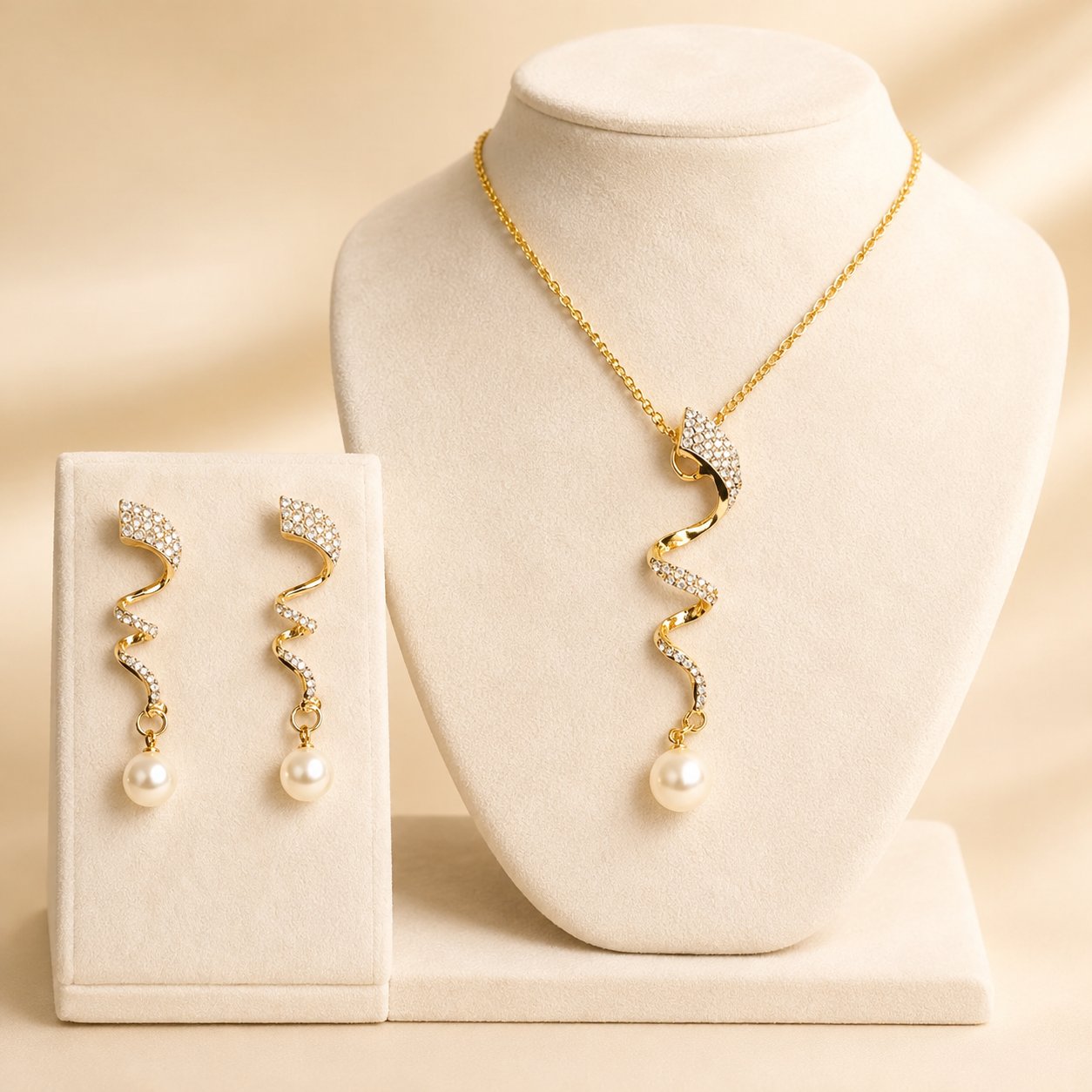 Aurelia Pearl Drop necklace and earring set displayed on a velvet bust
