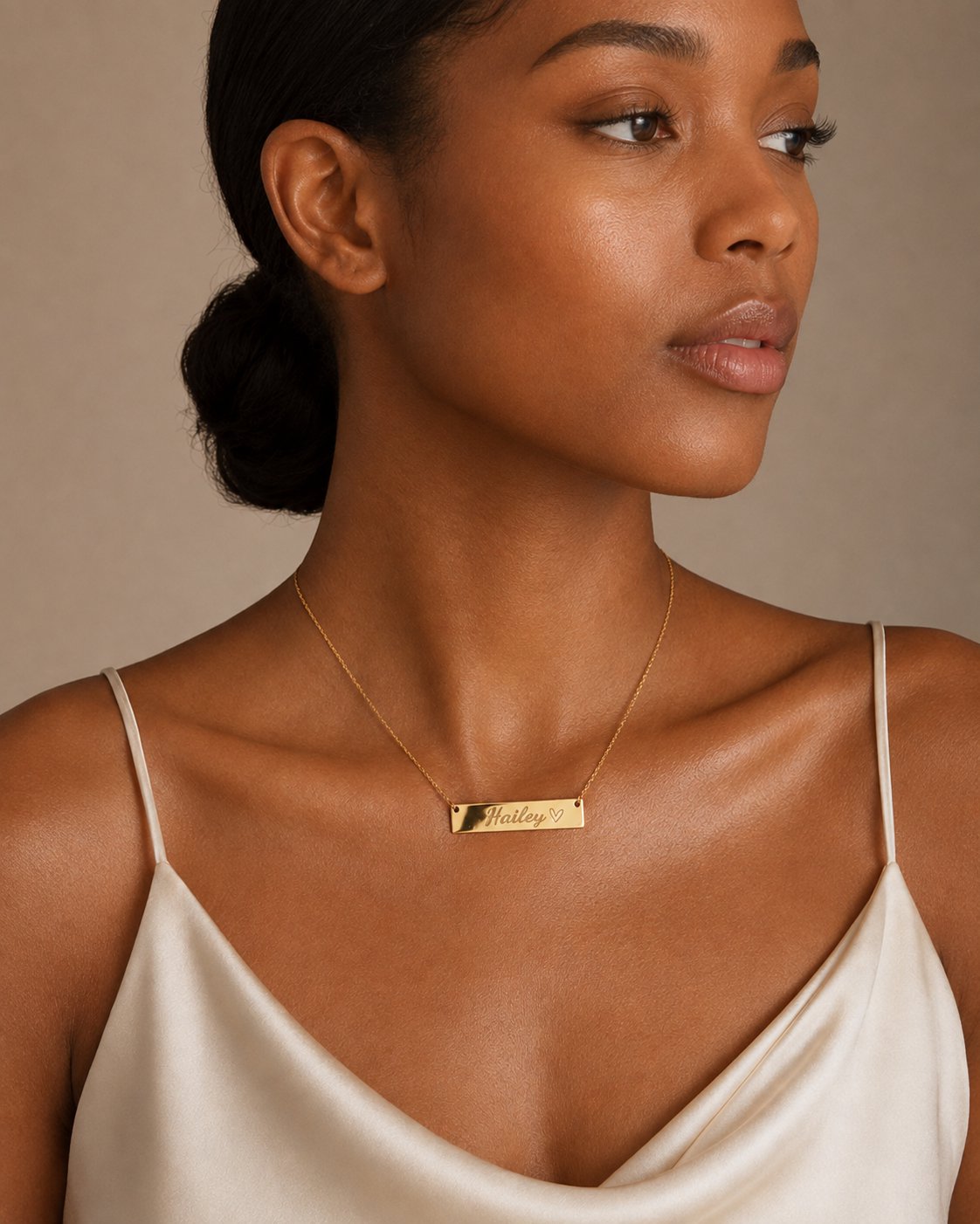 Custom name necklace close up worn on neck