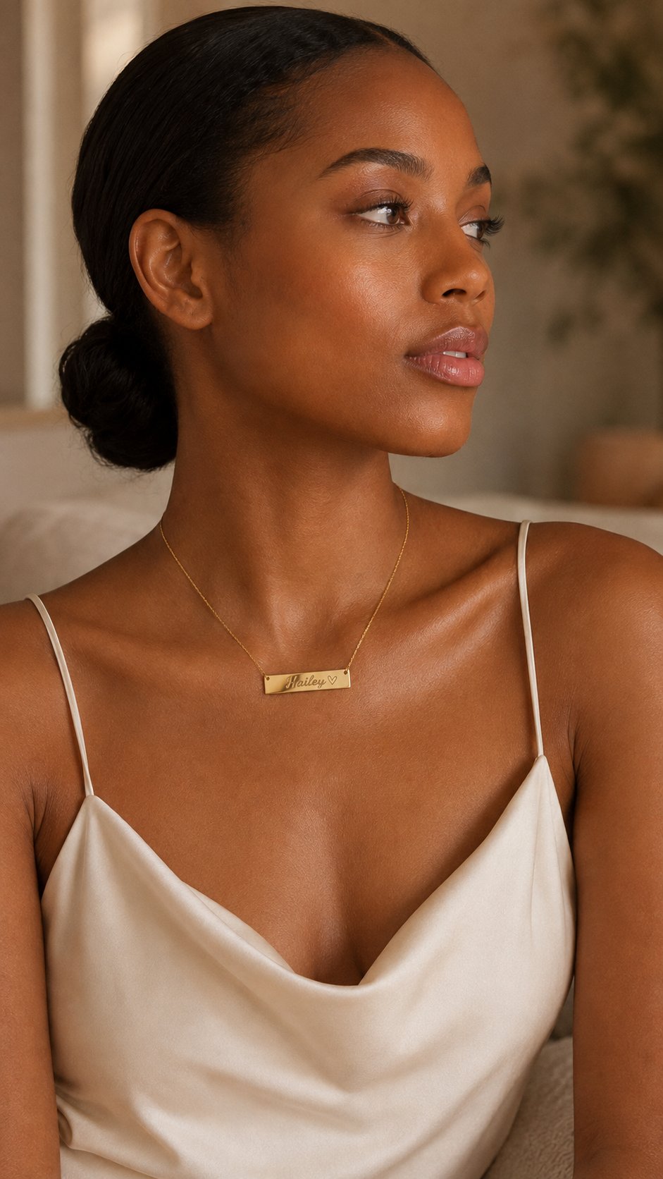 Model wearing custom name necklace